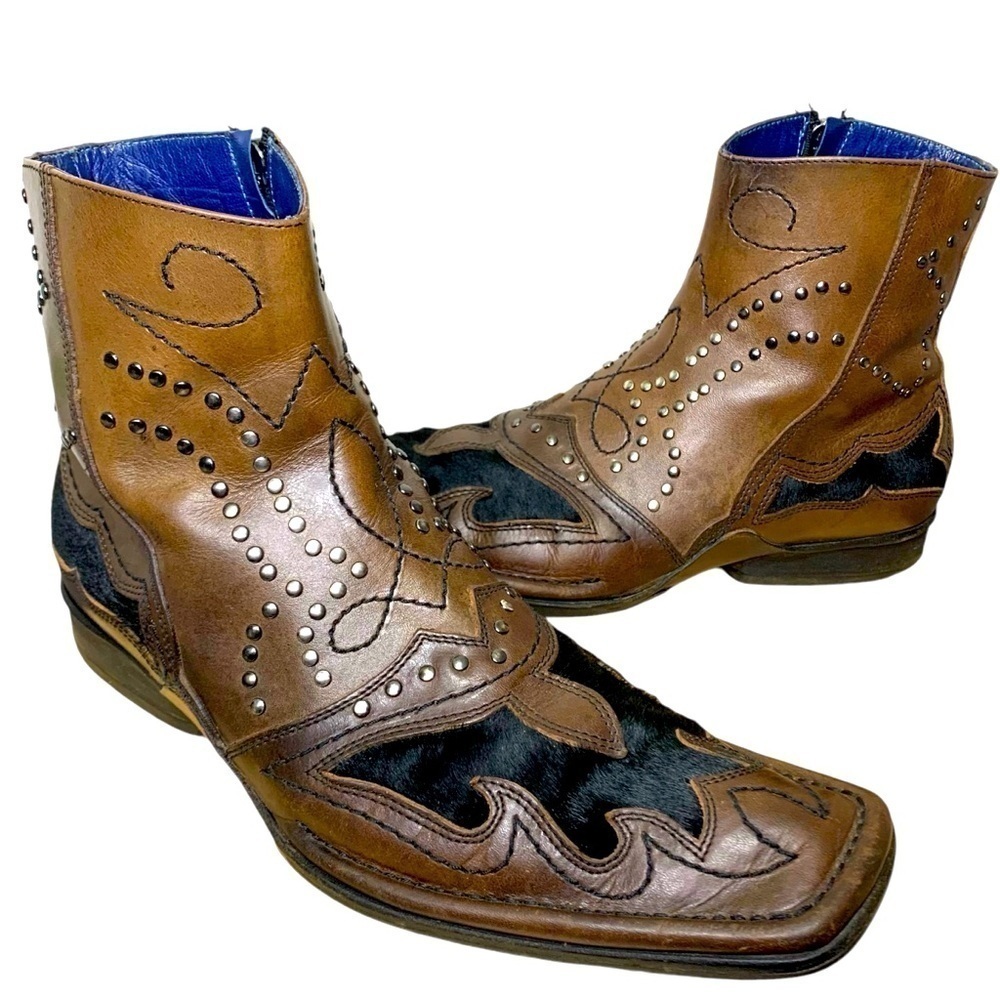 Mark Nason Italy Leather Brown Boots Sz 8 Pony Hair Stud Dragon Charm Square Toe